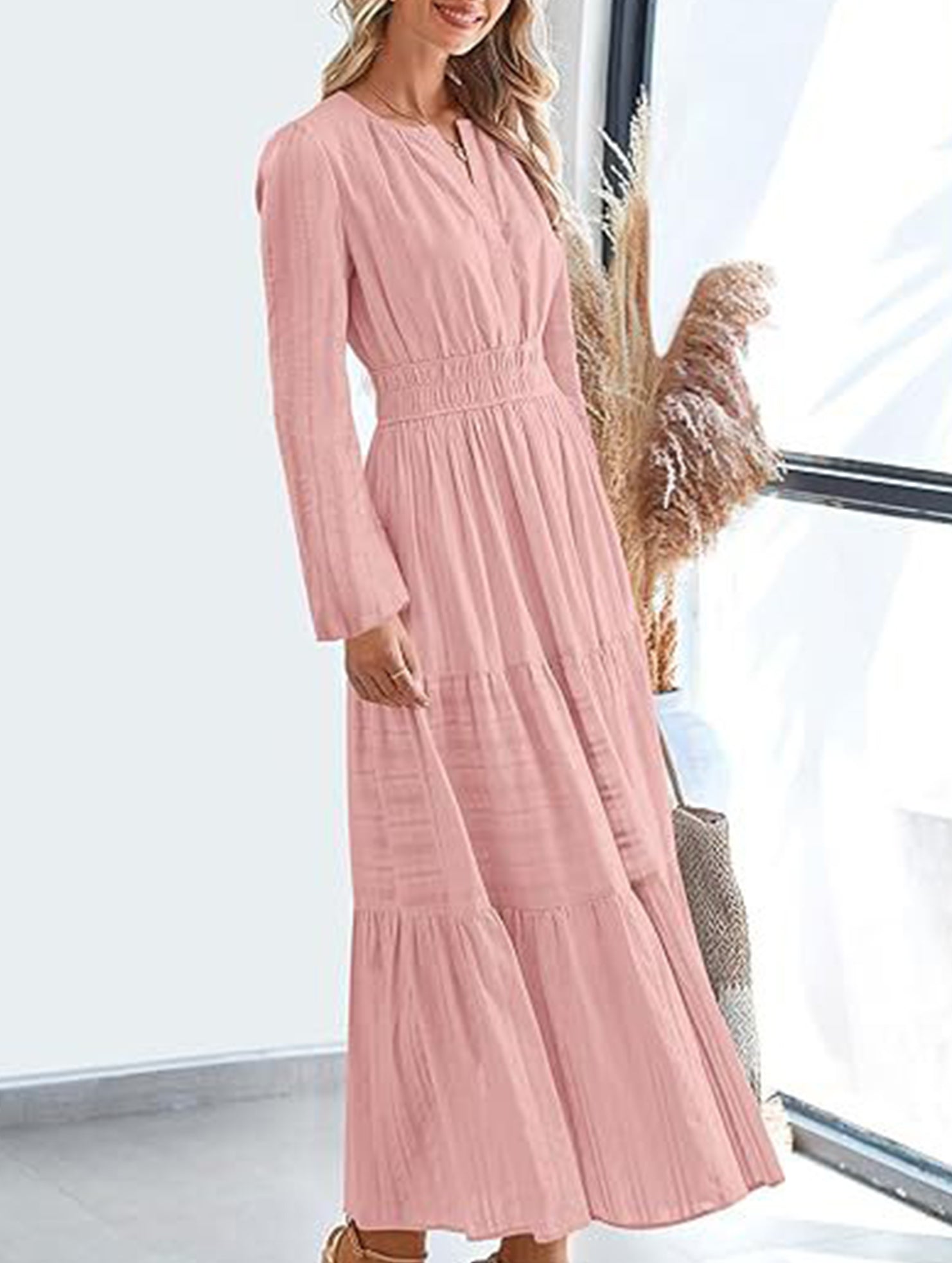 V-neck pleated waist tiered long-sleeved dress