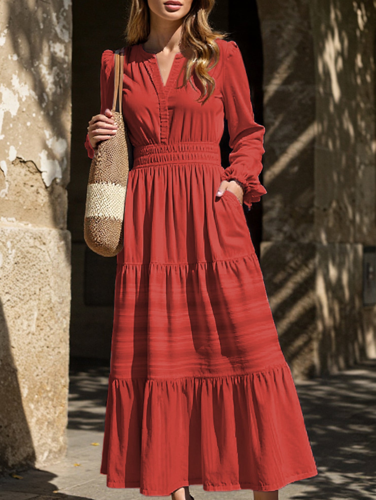V-neck pleated waist tiered long-sleeved dress