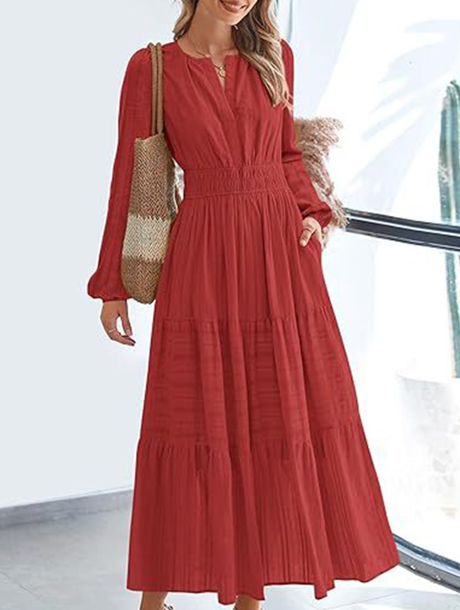 V-neck pleated waist tiered long-sleeved dress