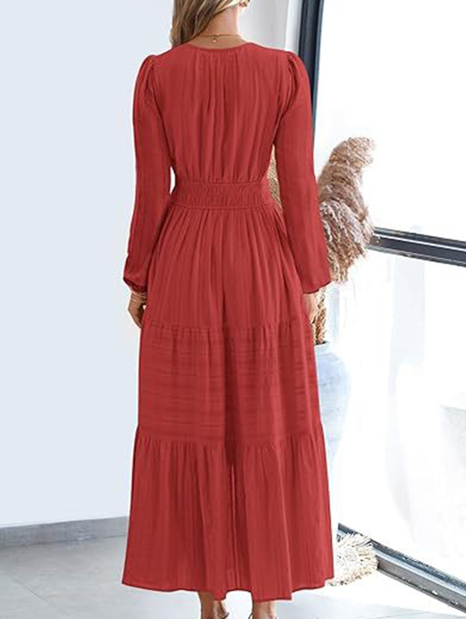 V-neck pleated waist tiered long-sleeved dress