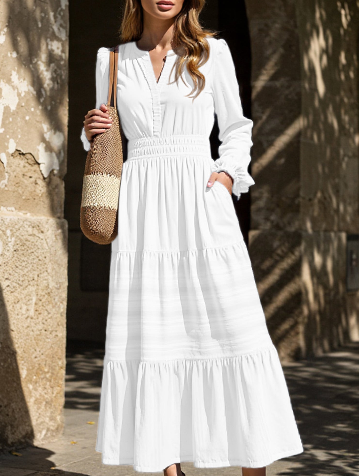 V-neck pleated waist tiered long-sleeved dress