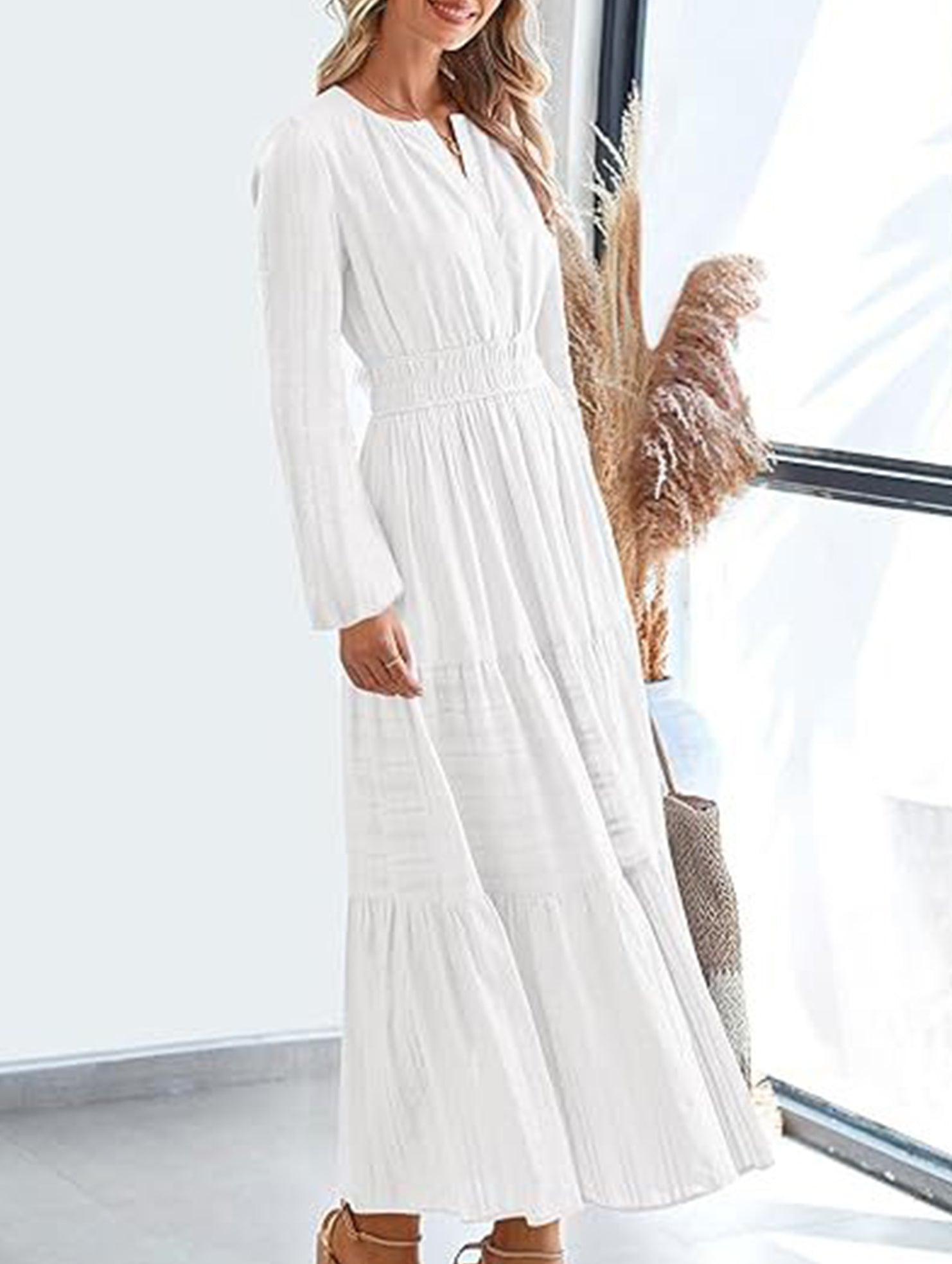 V-neck pleated waist tiered long-sleeved dress