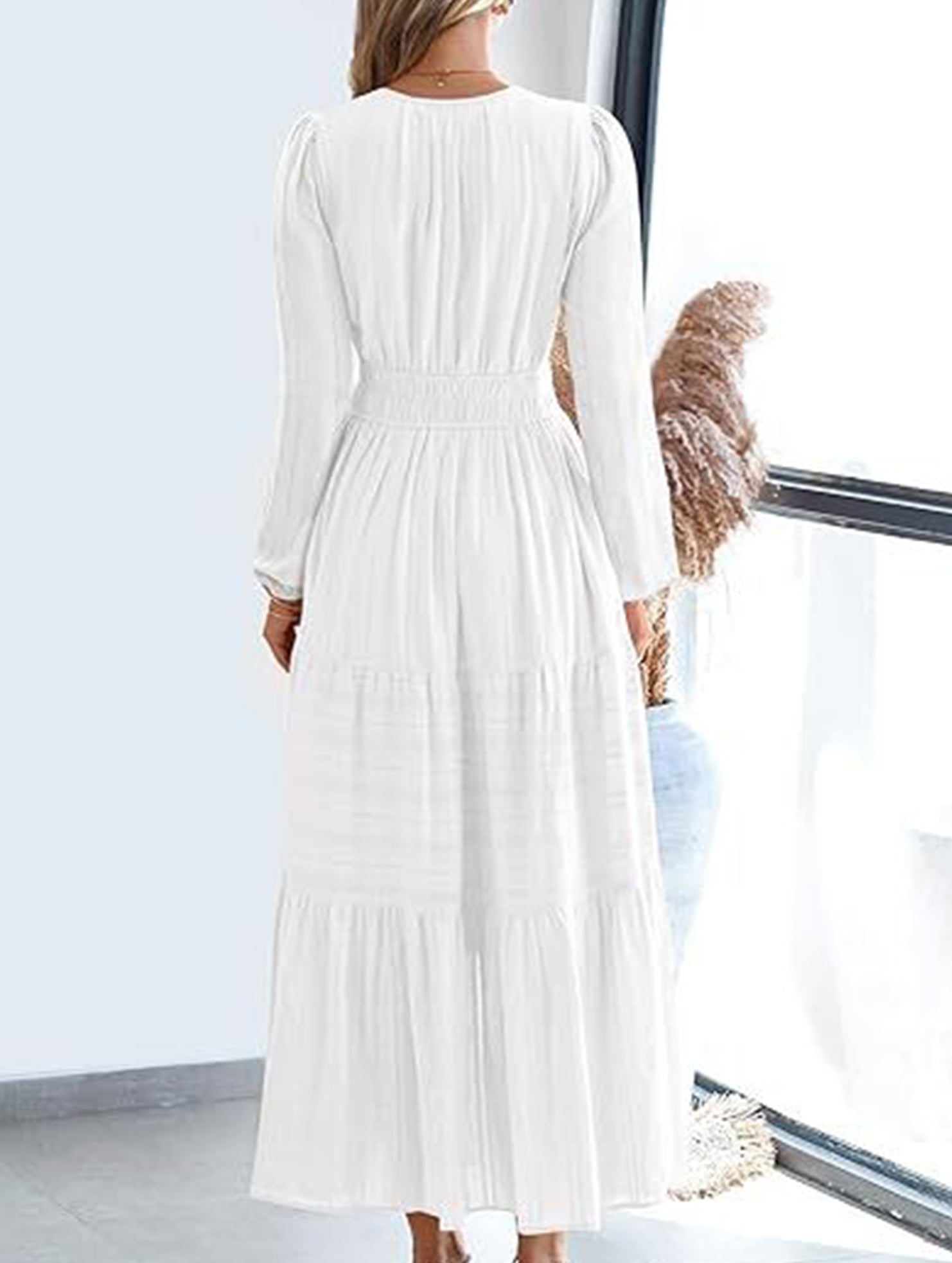 V-neck pleated waist tiered long-sleeved dress