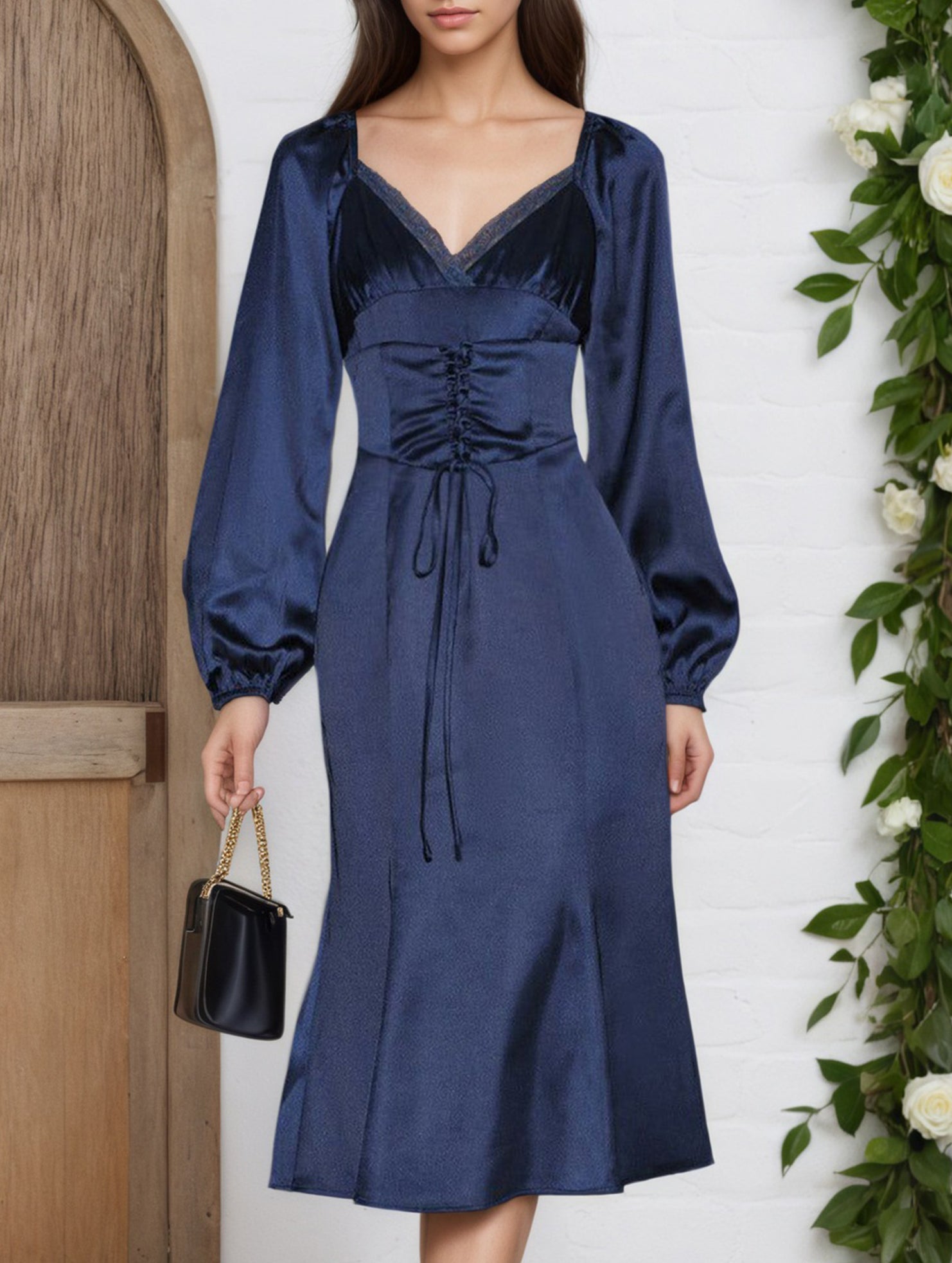 V-neck open back slim dress