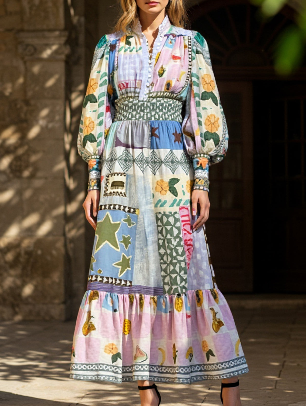 Printed painted long-sleeved swing dress