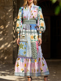 Printed painted long-sleeved swing dress
