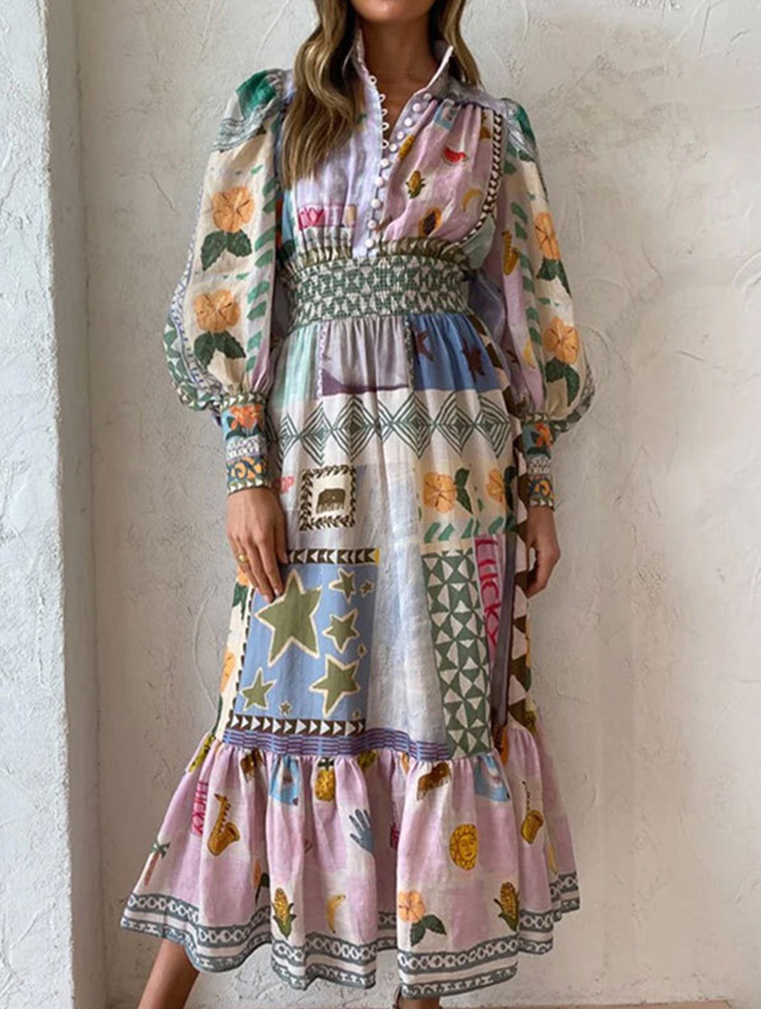 Printed painted long-sleeved swing dress