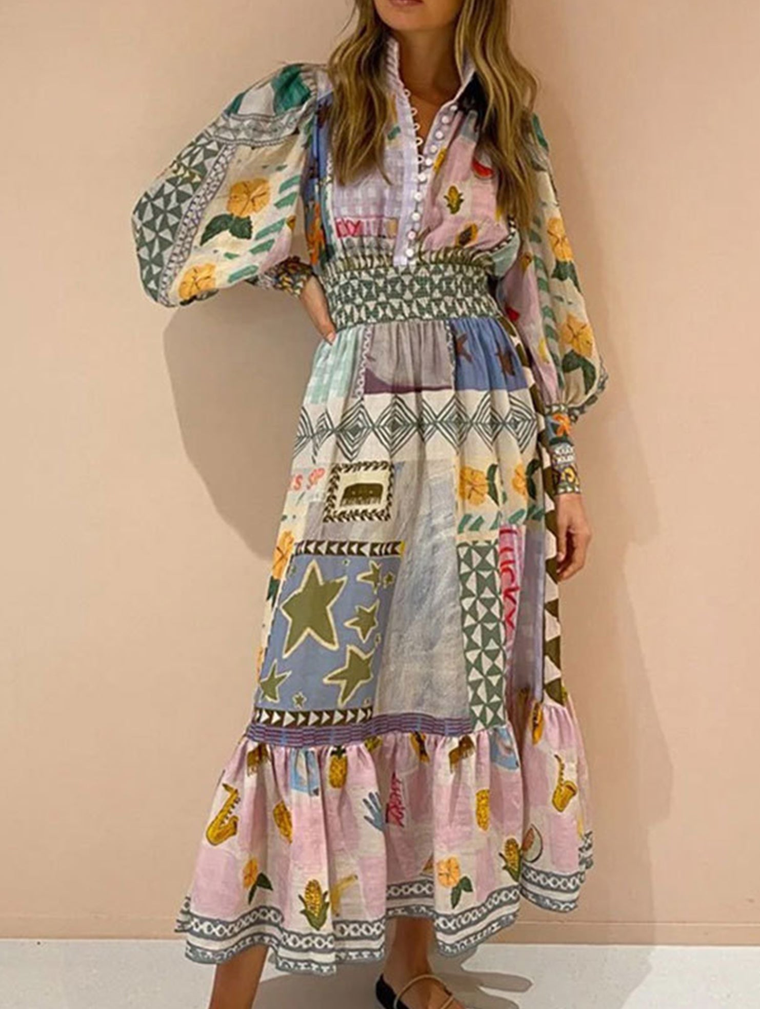 Printed painted long-sleeved swing dress