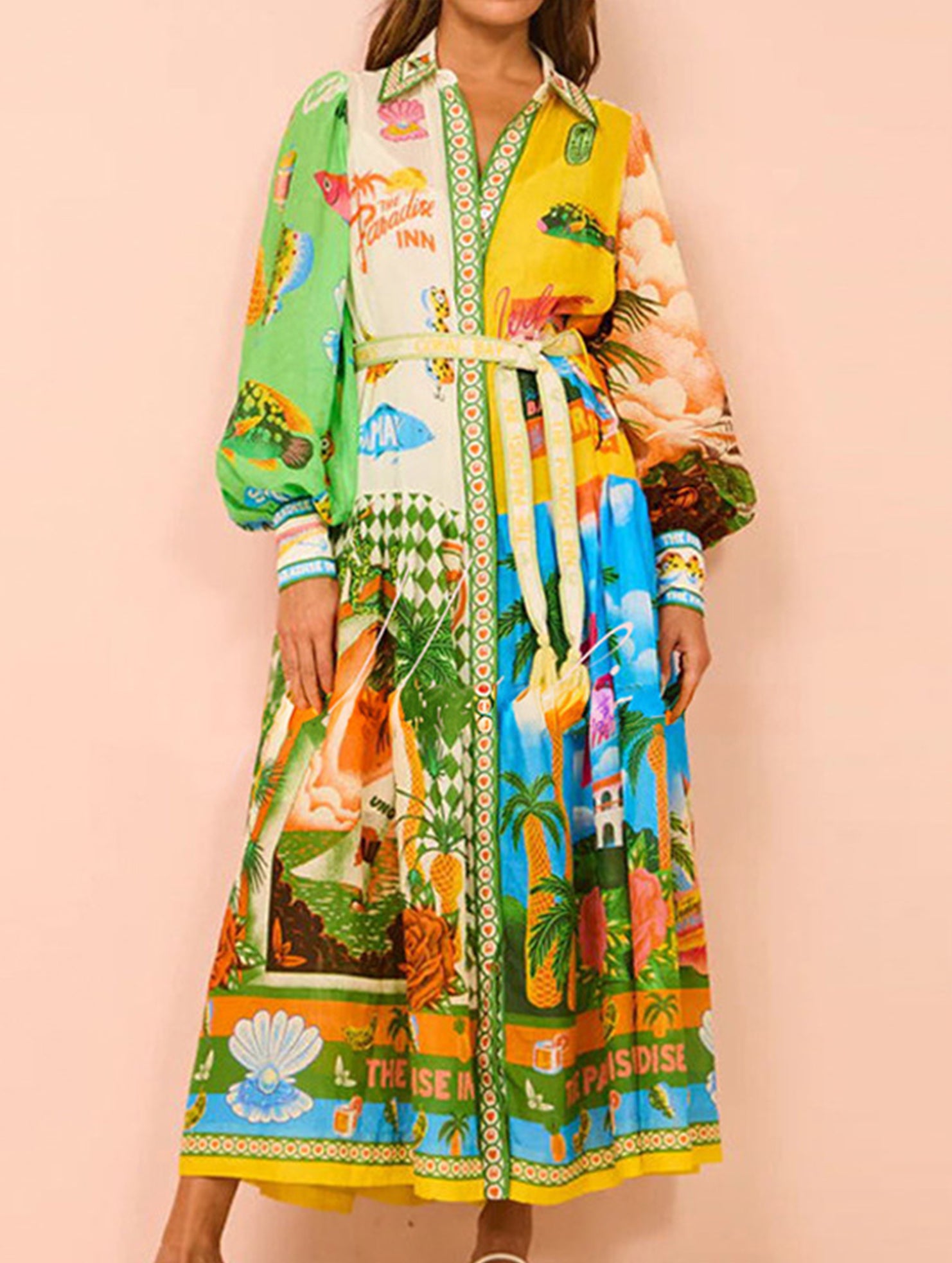 Printed lantern-sleeve belted shirt