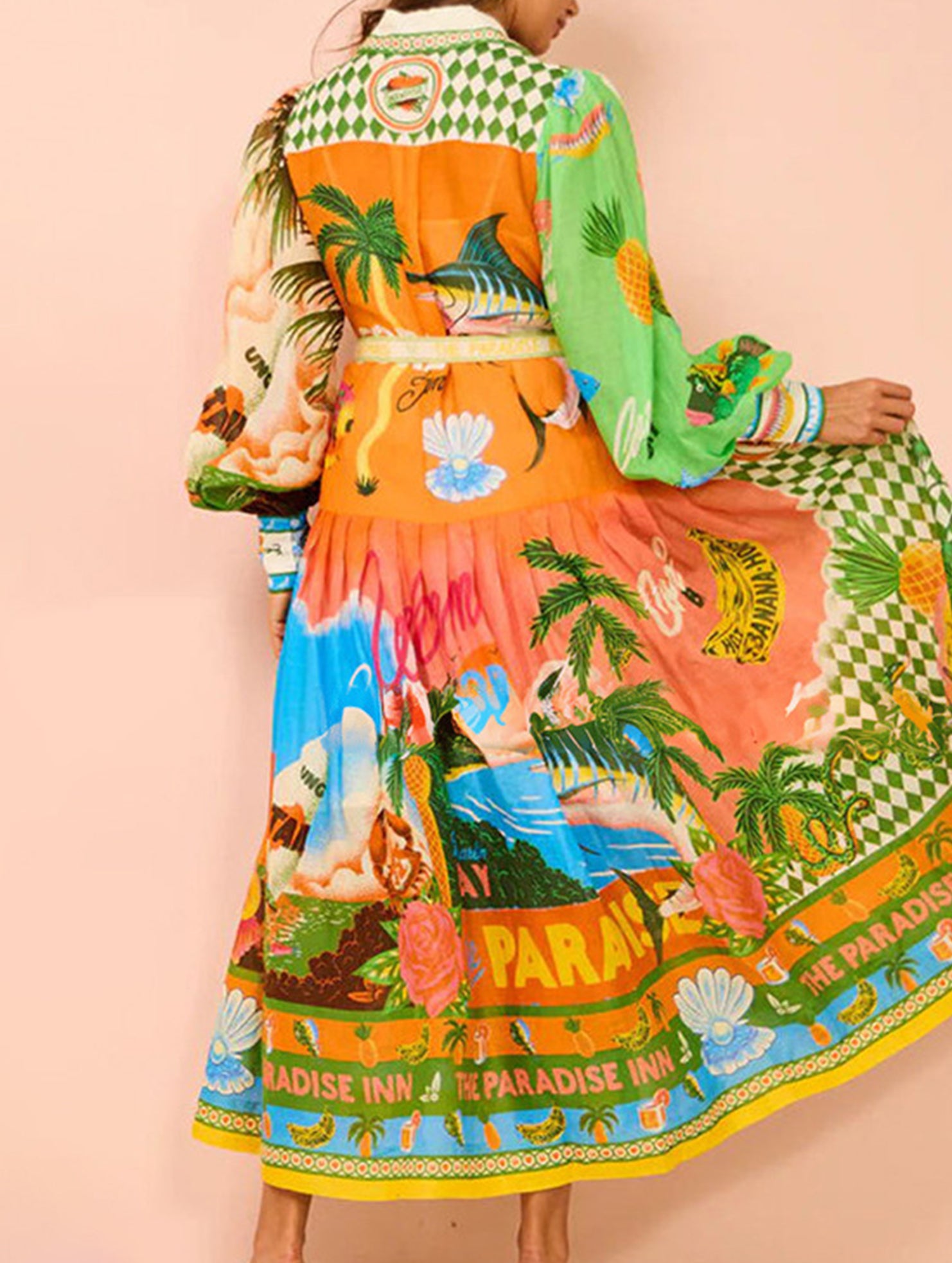 Printed lantern-sleeve belted shirt