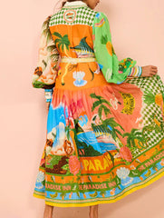 Printed lantern-sleeve belted shirt