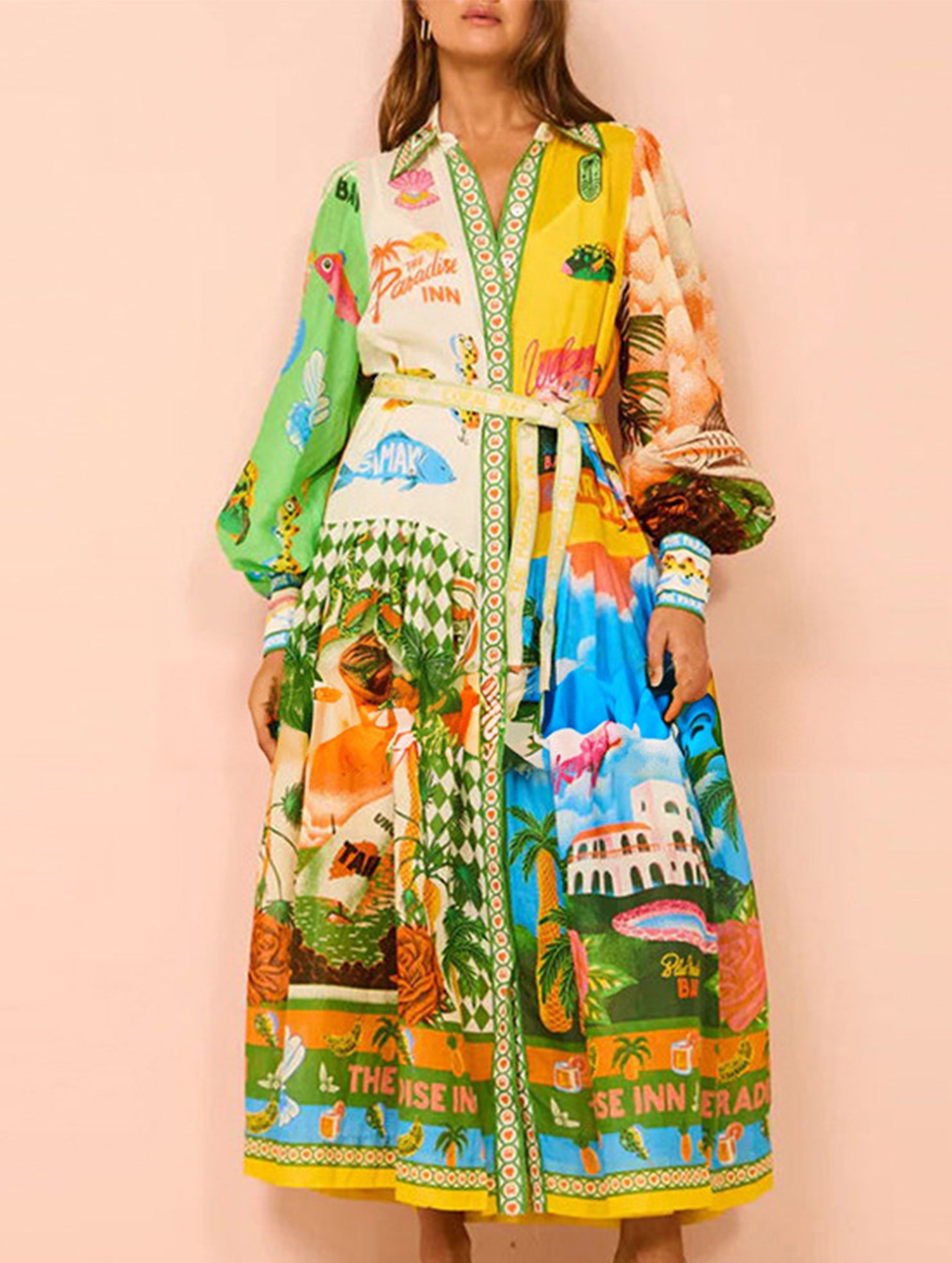 Printed lantern-sleeve belted shirt