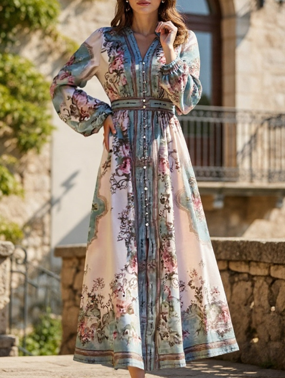 V-neck fashionable printed long-sleeved dress