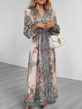 V-neck fashionable printed long-sleeved dress