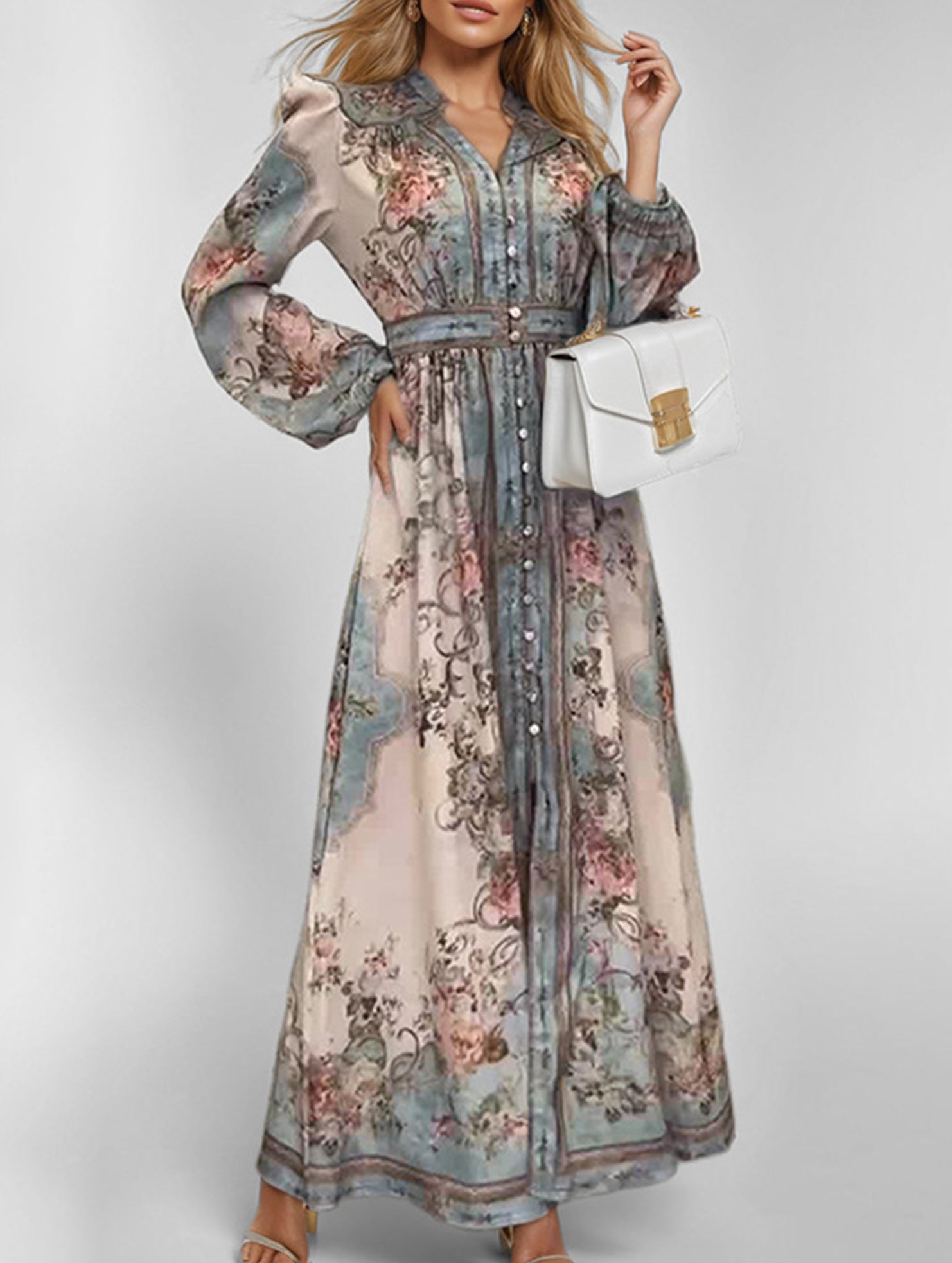 V-neck fashionable printed long-sleeved dress