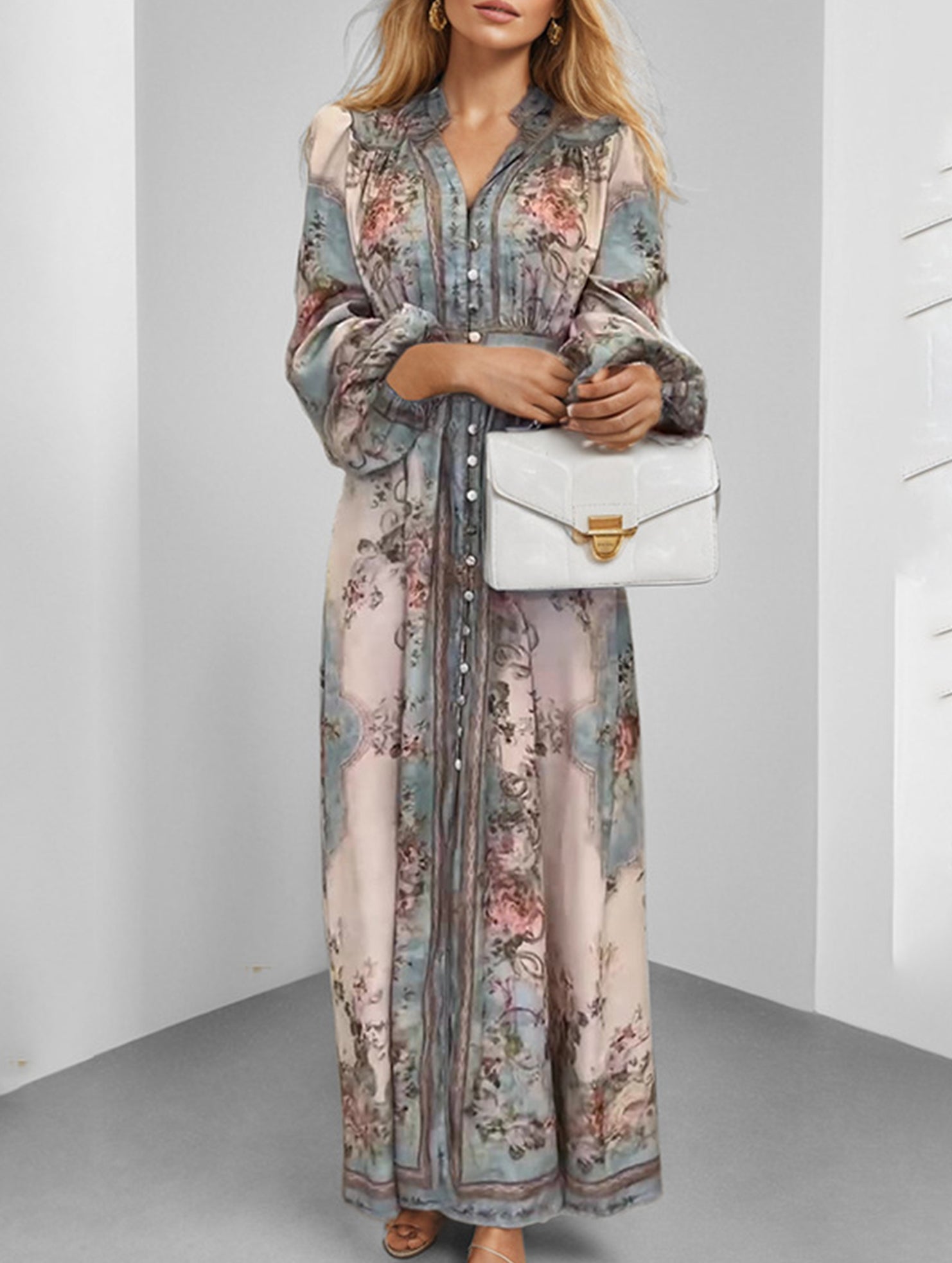 V-neck fashionable printed long-sleeved dress