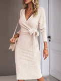 Slim-fit V-neck long-sleeved knitted tie-up dress