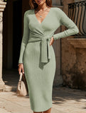 Slim-fit V-neck long-sleeved knitted tie-up dress