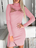 Hollow-out ribbed high-neck long-sleeved dress