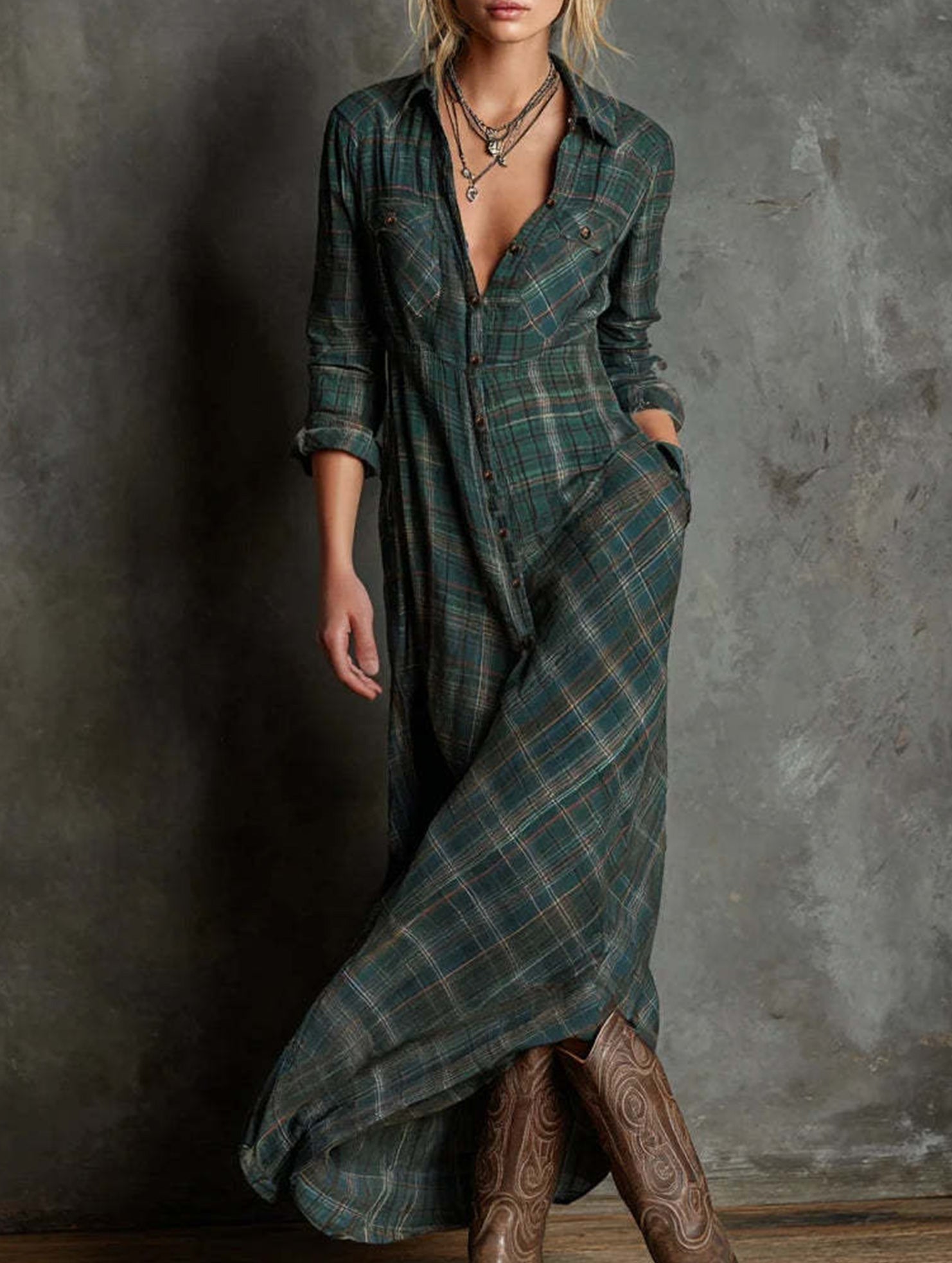 Double-sided printed casual plaid dress