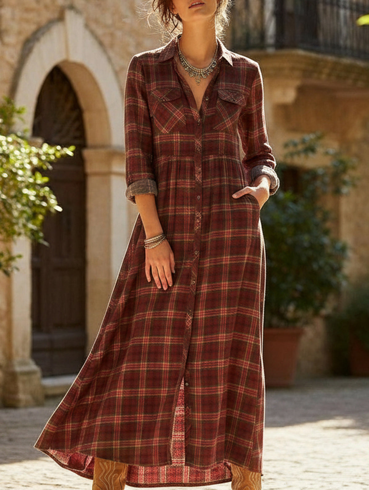 Double-sided printed casual plaid dress