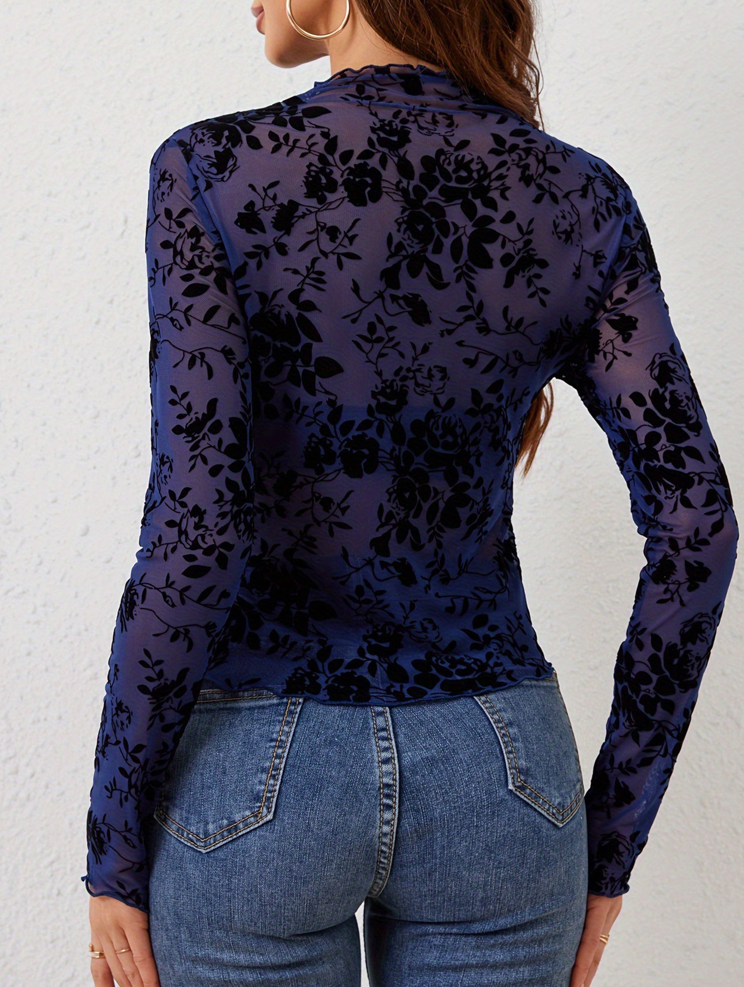 Single-layer braless stand-up collar mesh shirt