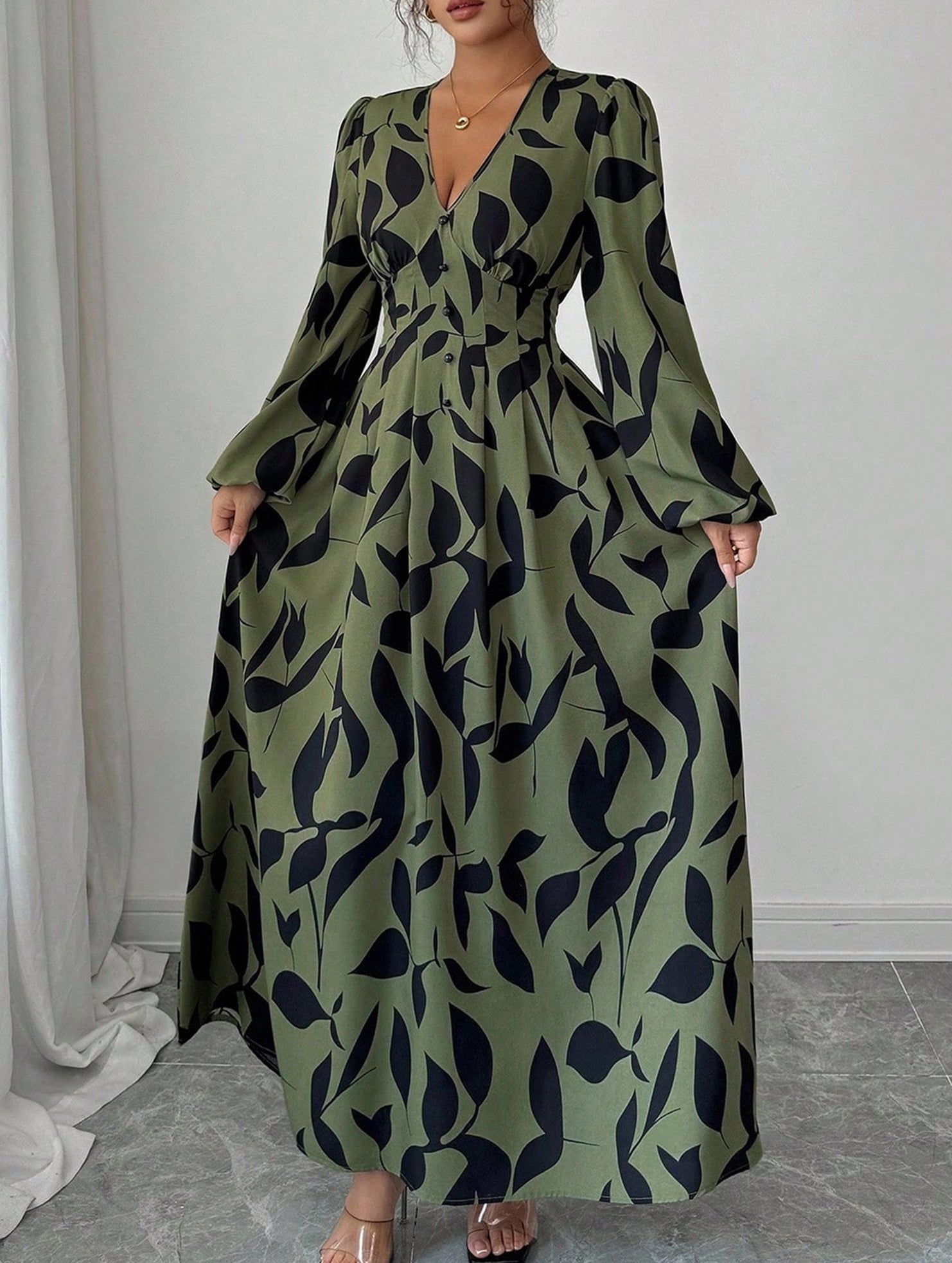 Leaf Print V-Neck Long Sleeve High Waist Dress