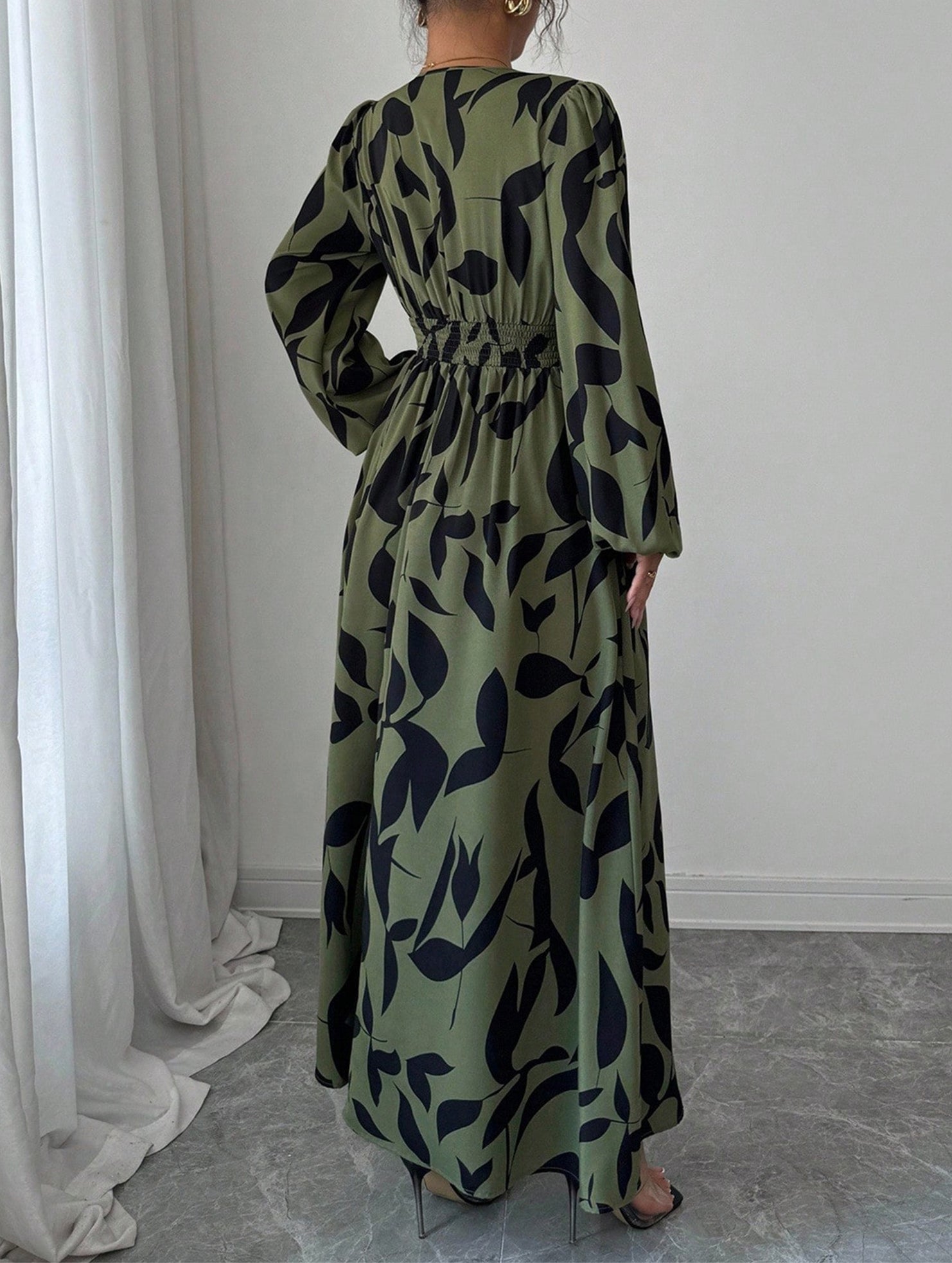 Leaf Print V-Neck Long Sleeve High Waist Dress