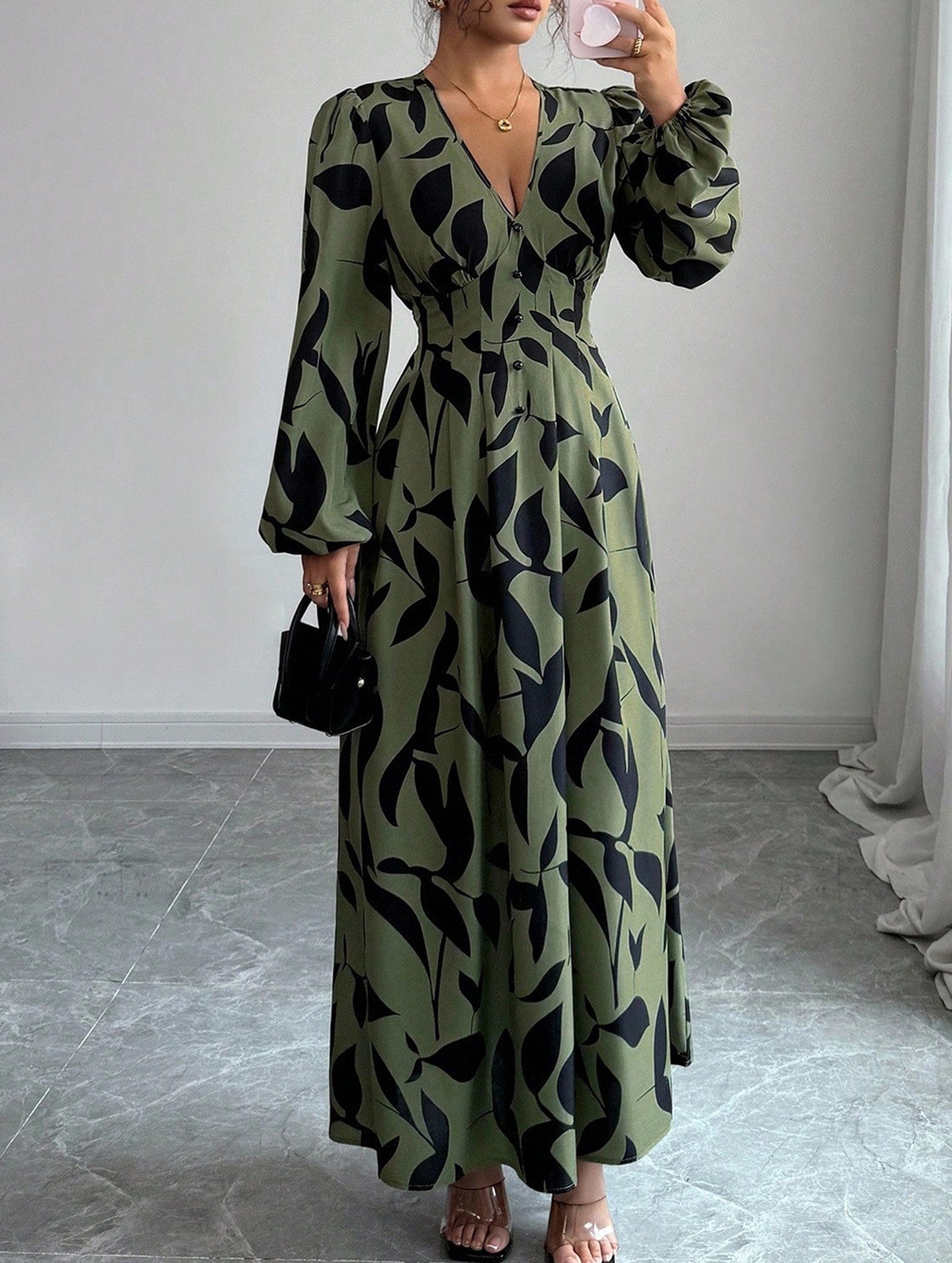 Leaf Print V-Neck Long Sleeve High Waist Dress