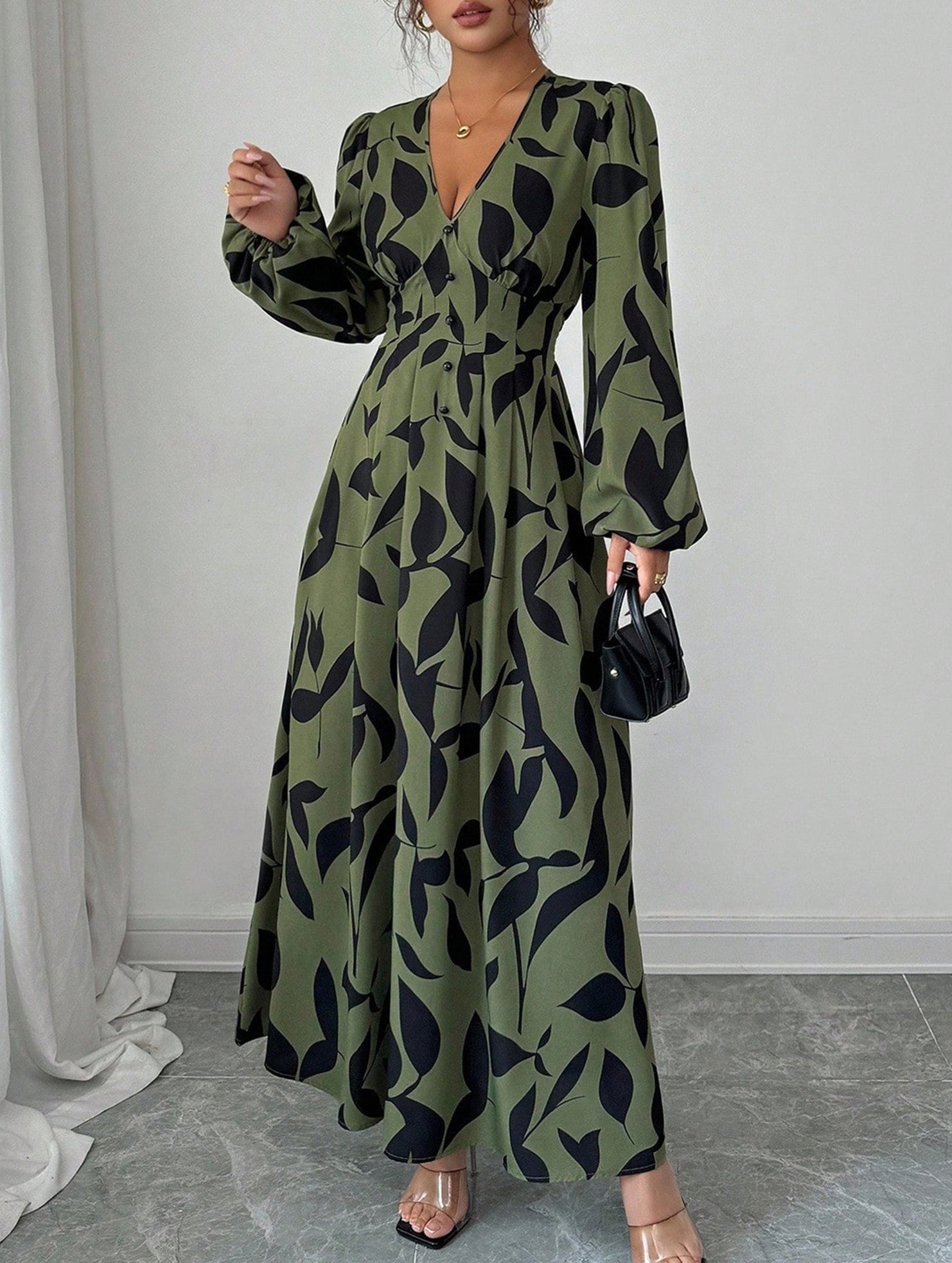 Leaf Print V-Neck Long Sleeve High Waist Dress