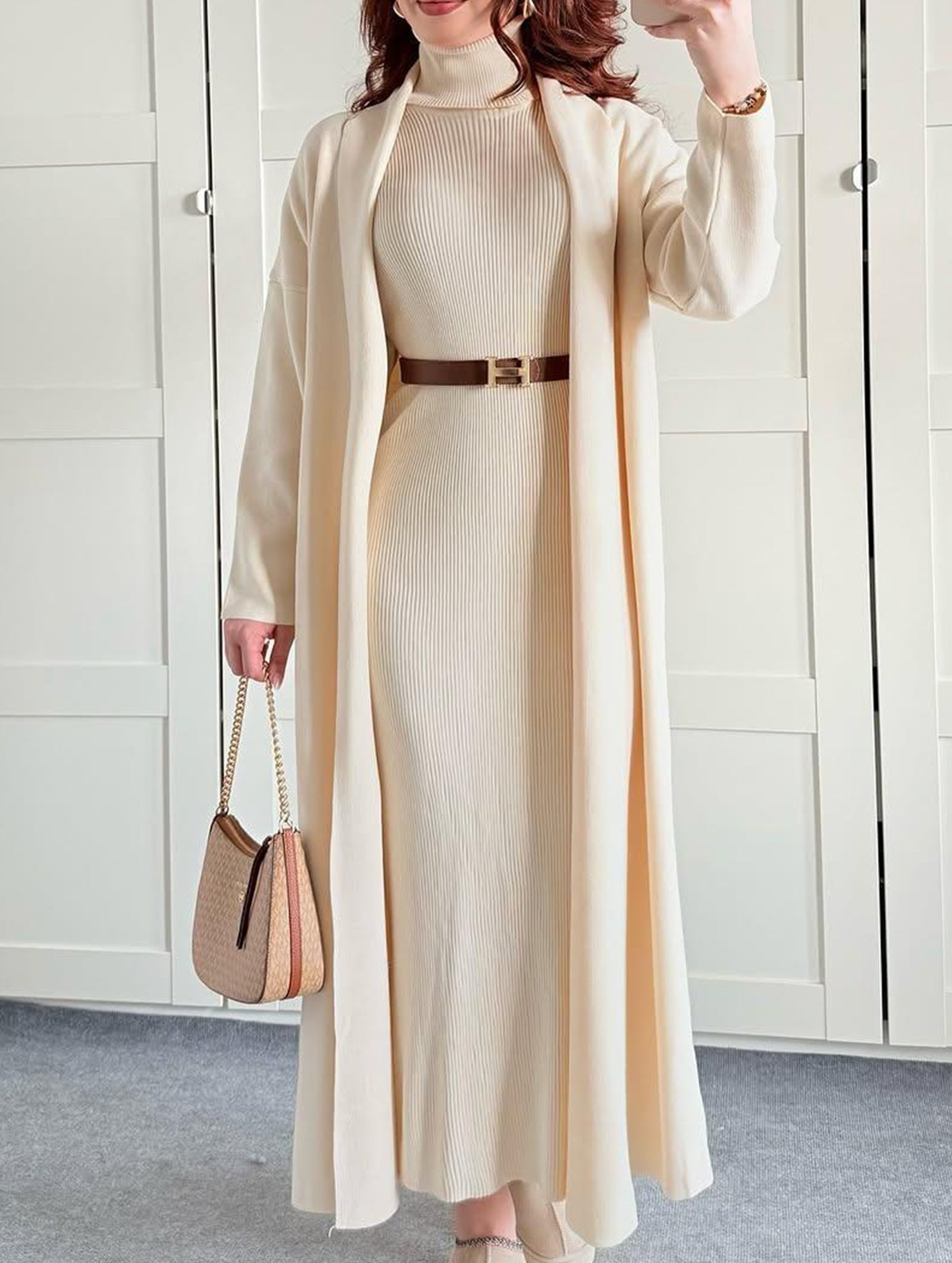 Slim-fitting turtleneck dress and cardigan set
