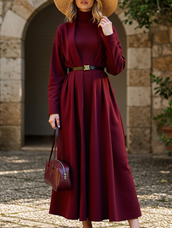 Slim-fitting turtleneck dress and cardigan set