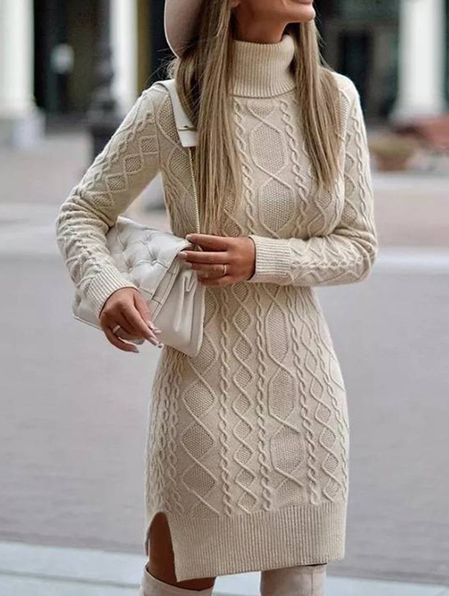 Warm high-neck slim-fit long dress