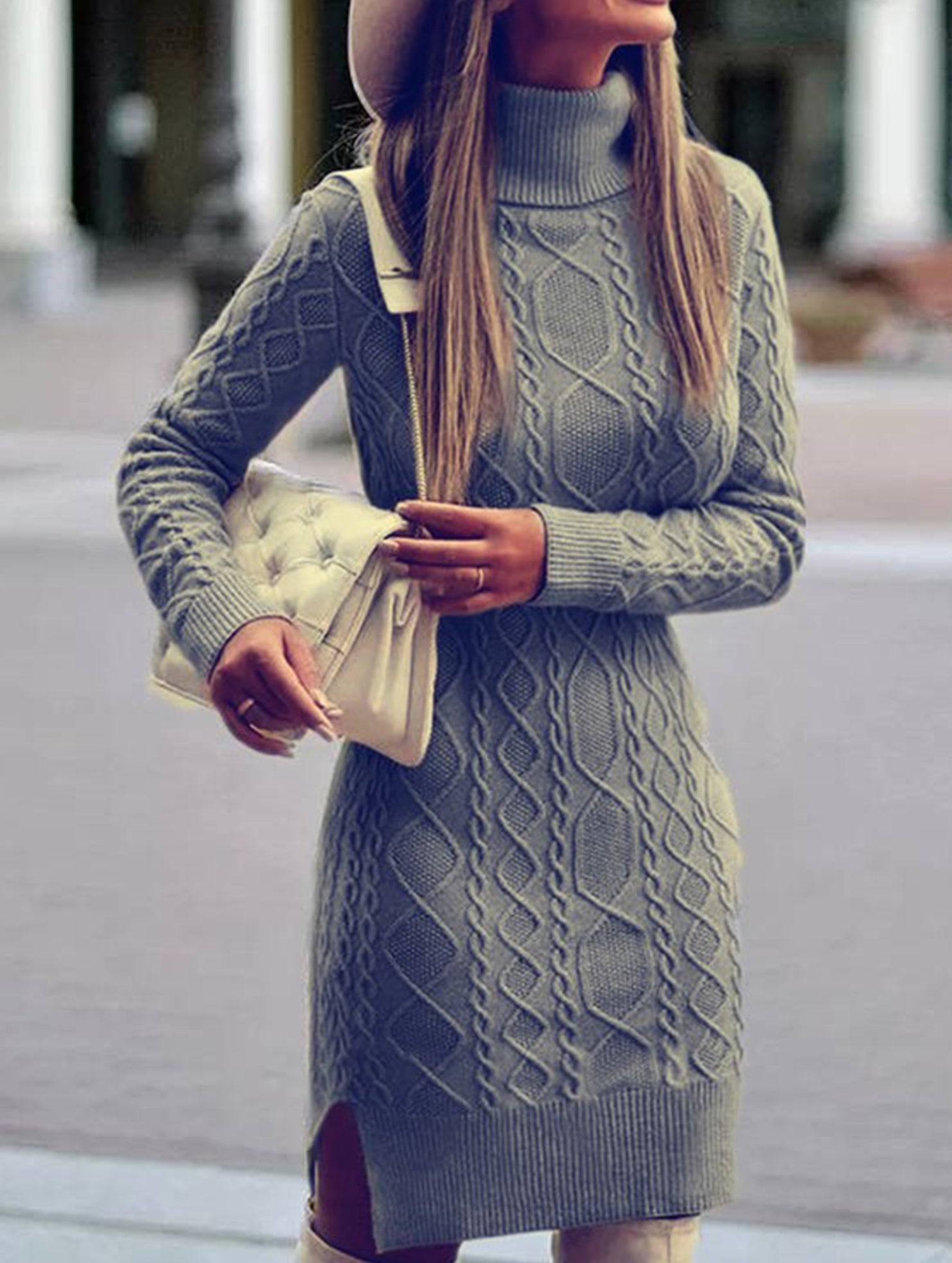 Warm high-neck slim-fit long dress