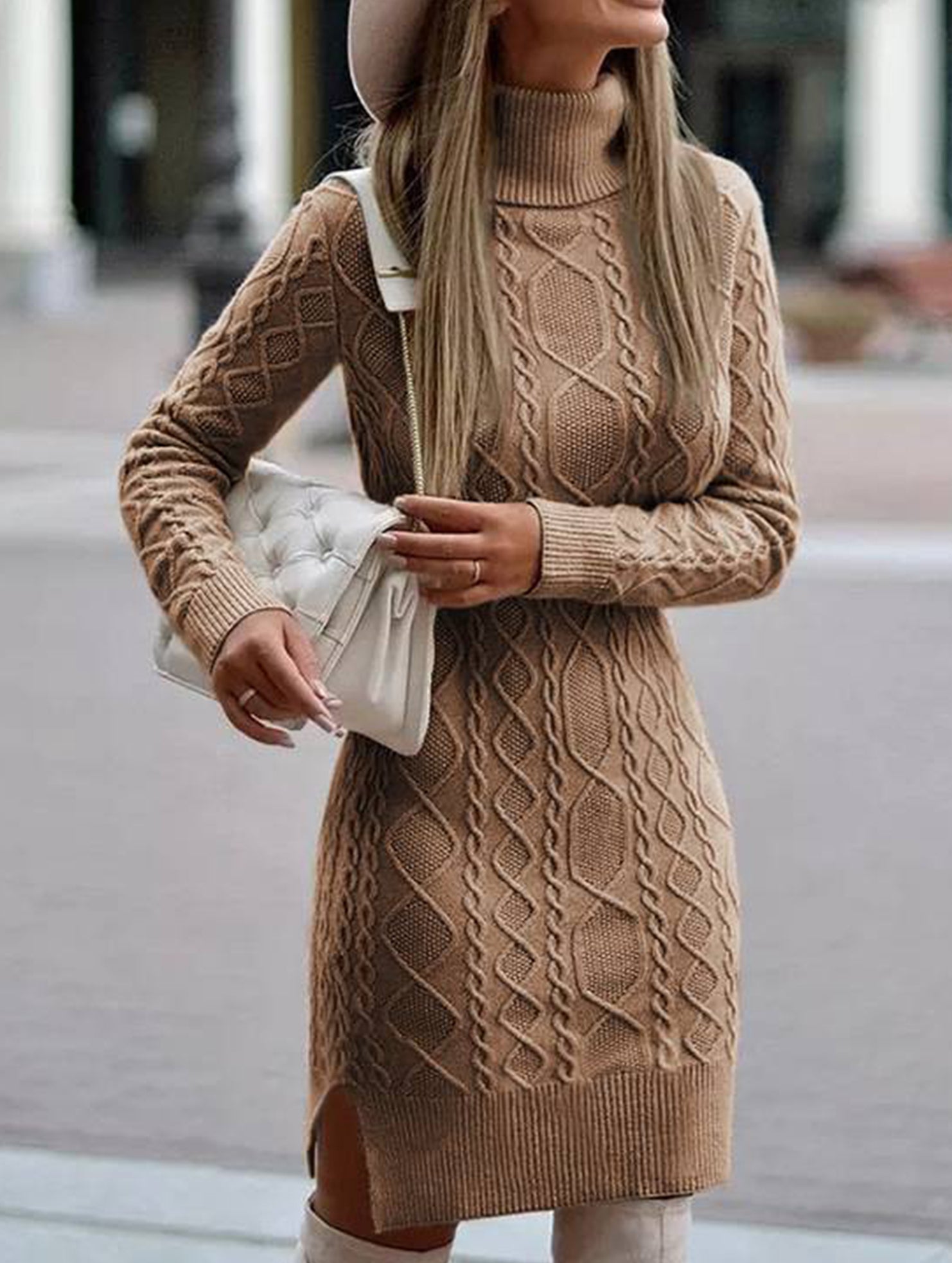 Warm high-neck slim-fit long dress