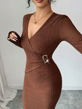 Cross neck knit slim-fit dress