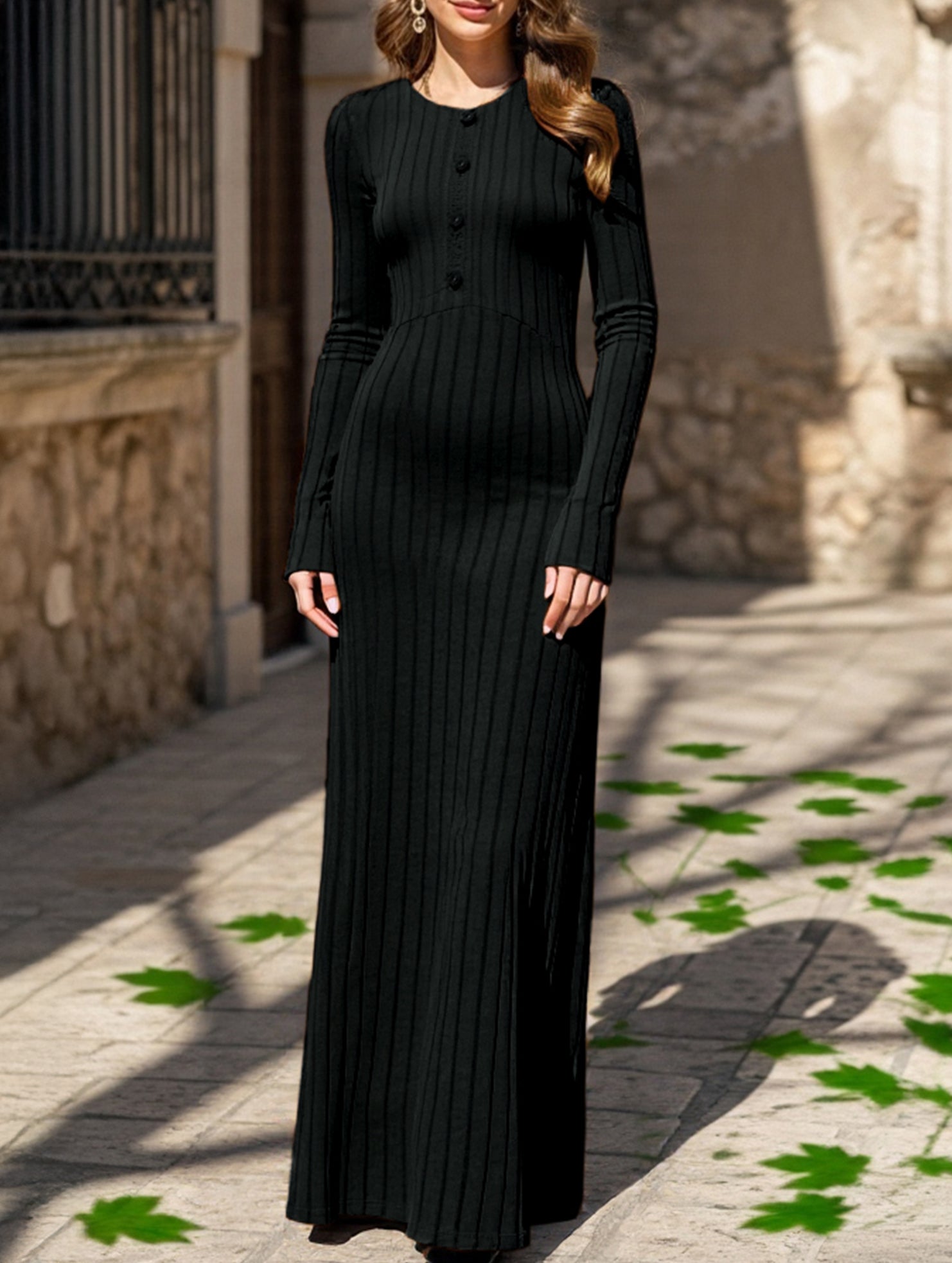 Simple V-neck single-breasted ribbed dress