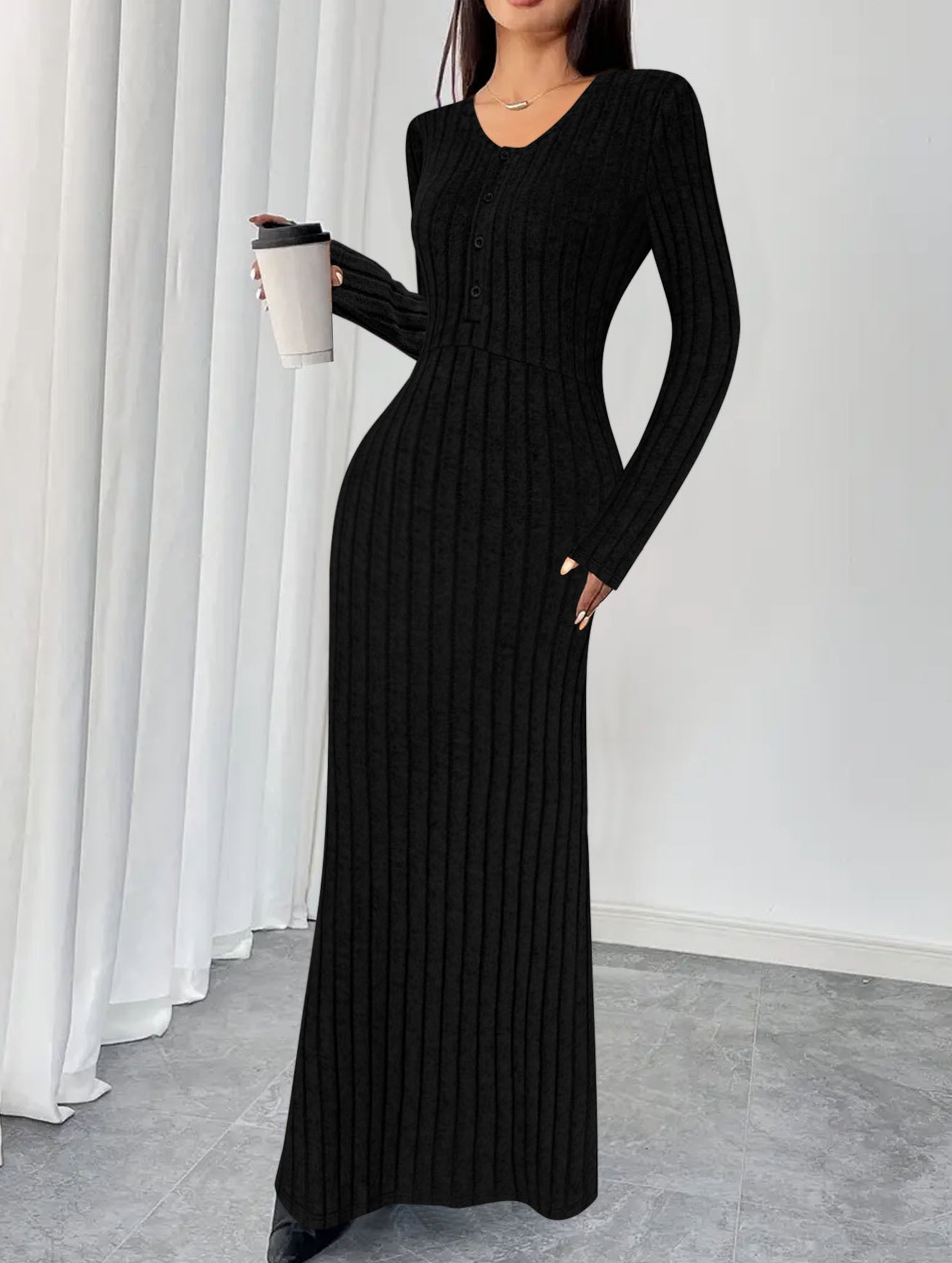 Simple V-neck single-breasted ribbed dress