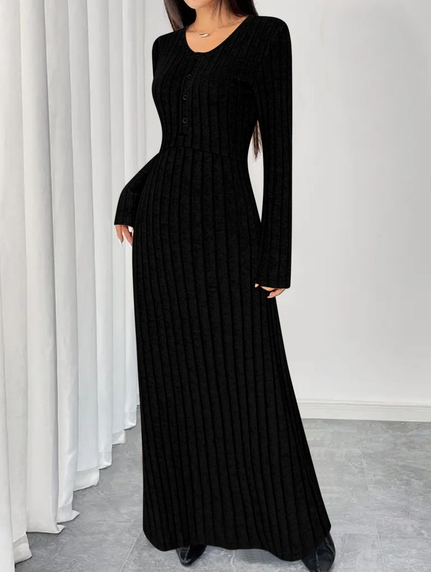Simple V-neck single-breasted ribbed dress