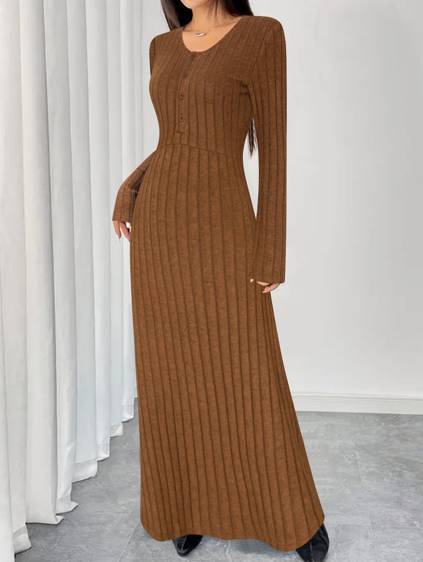 Simple V-neck single-breasted ribbed dress