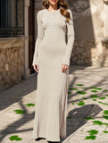 Simple V-neck single-breasted ribbed dress