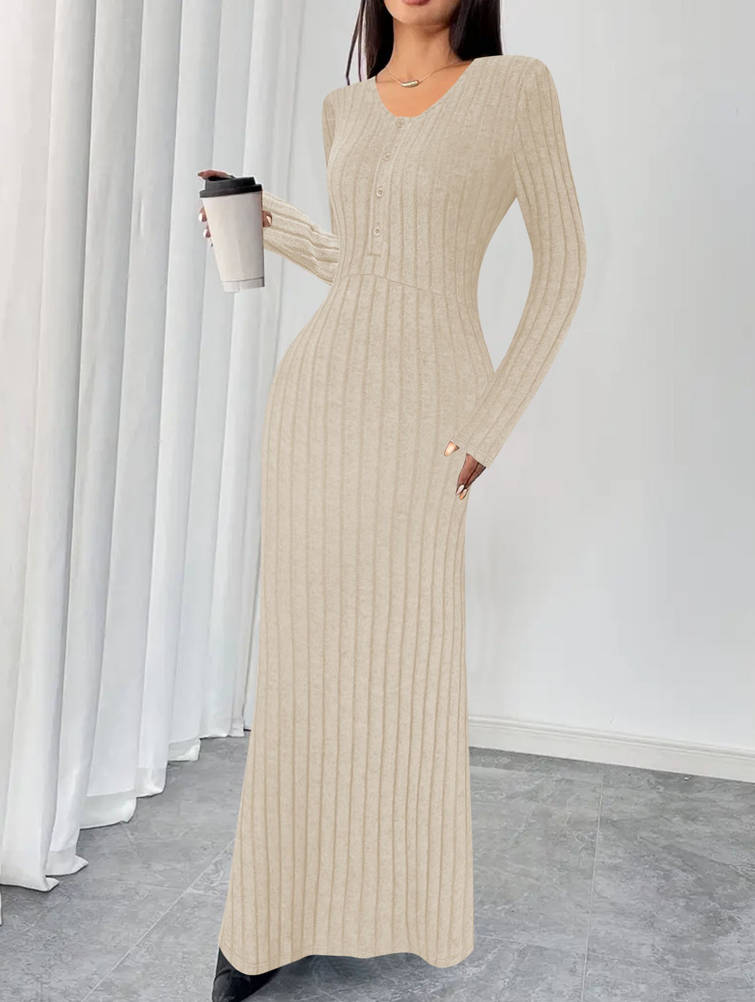 Simple V-neck single-breasted ribbed dress