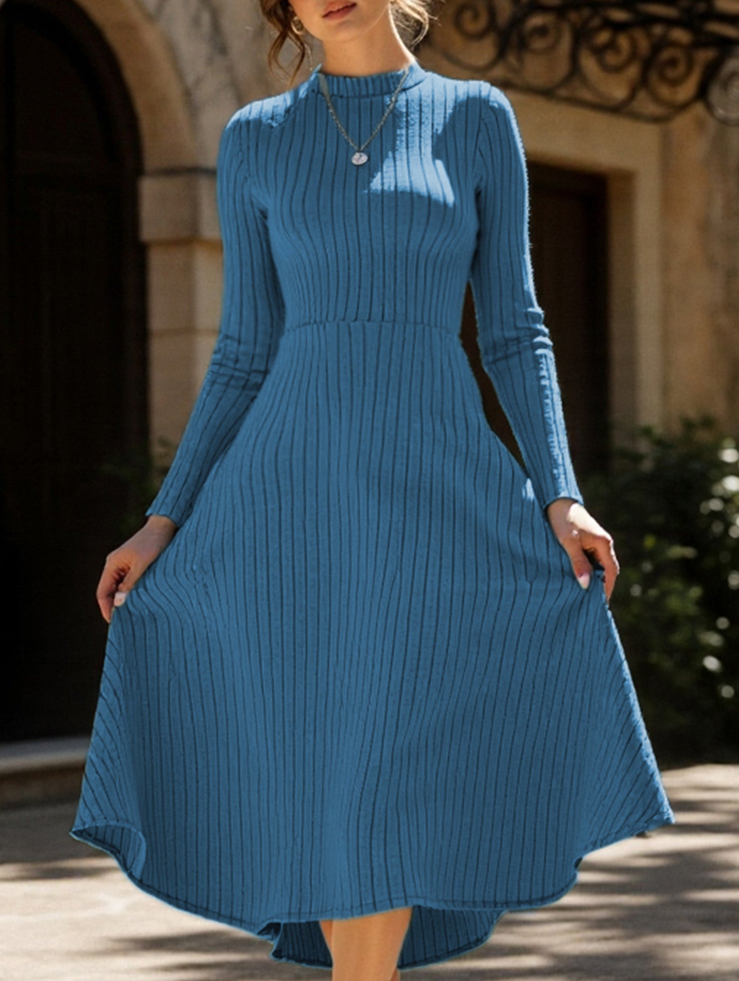Round neck brushed ribbed long dress