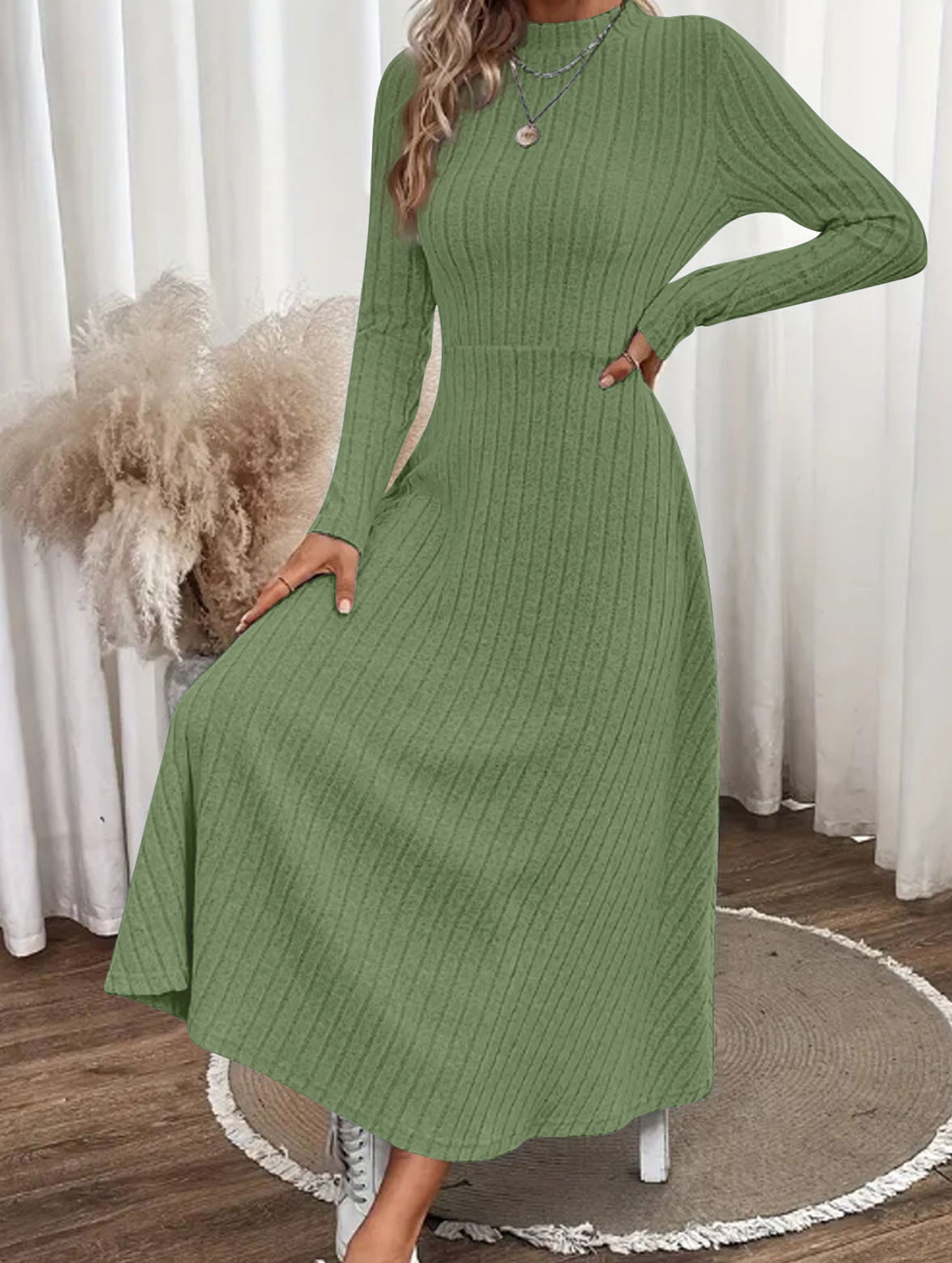 Round neck brushed ribbed long dress