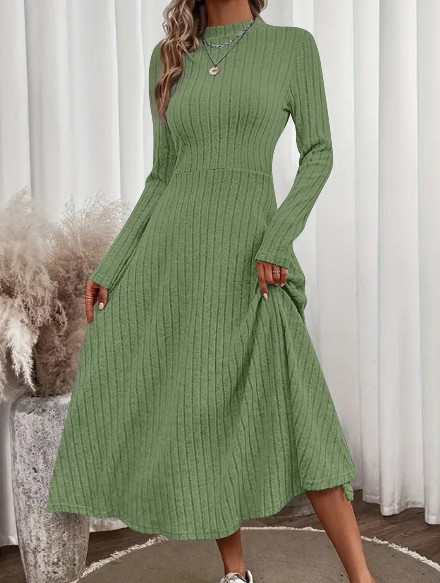 Round neck brushed ribbed long dress