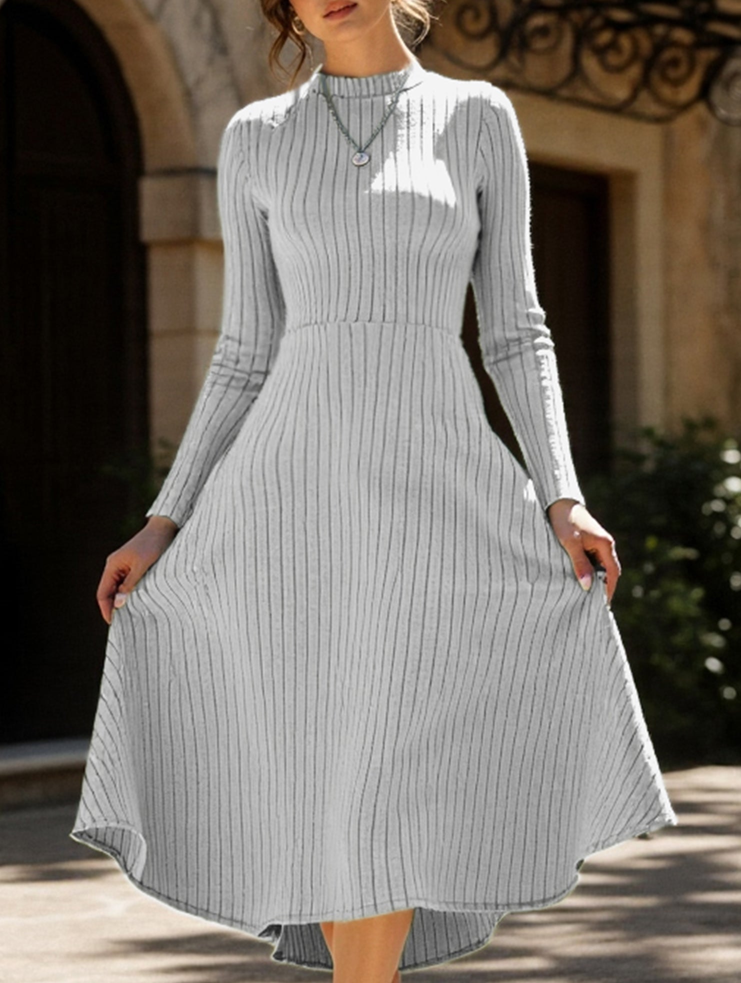 Round neck brushed ribbed long dress