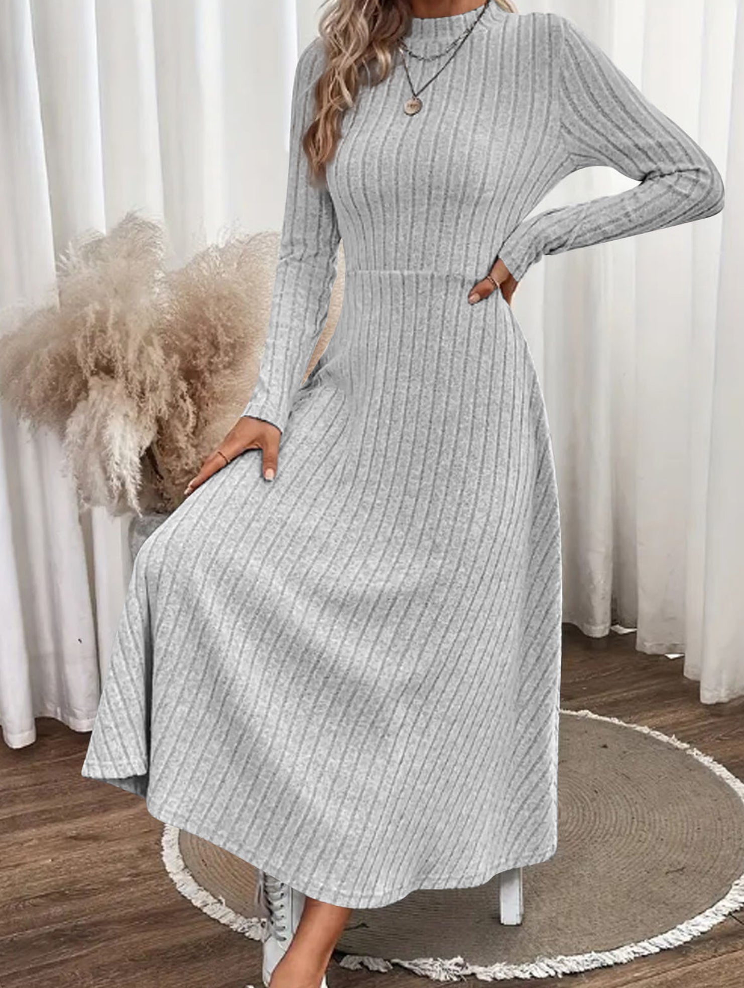 Round neck brushed ribbed long dress