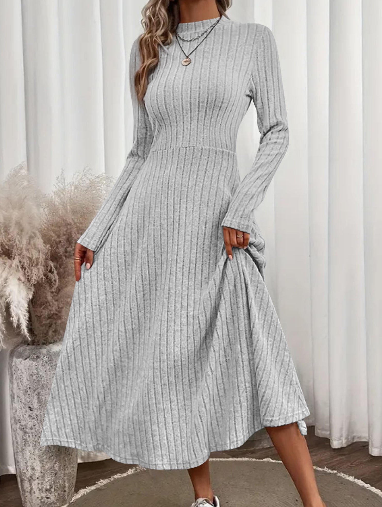 Round neck brushed ribbed long dress