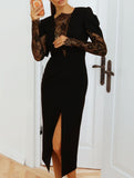 Sexy openwork dress with lace slit and cinched waist