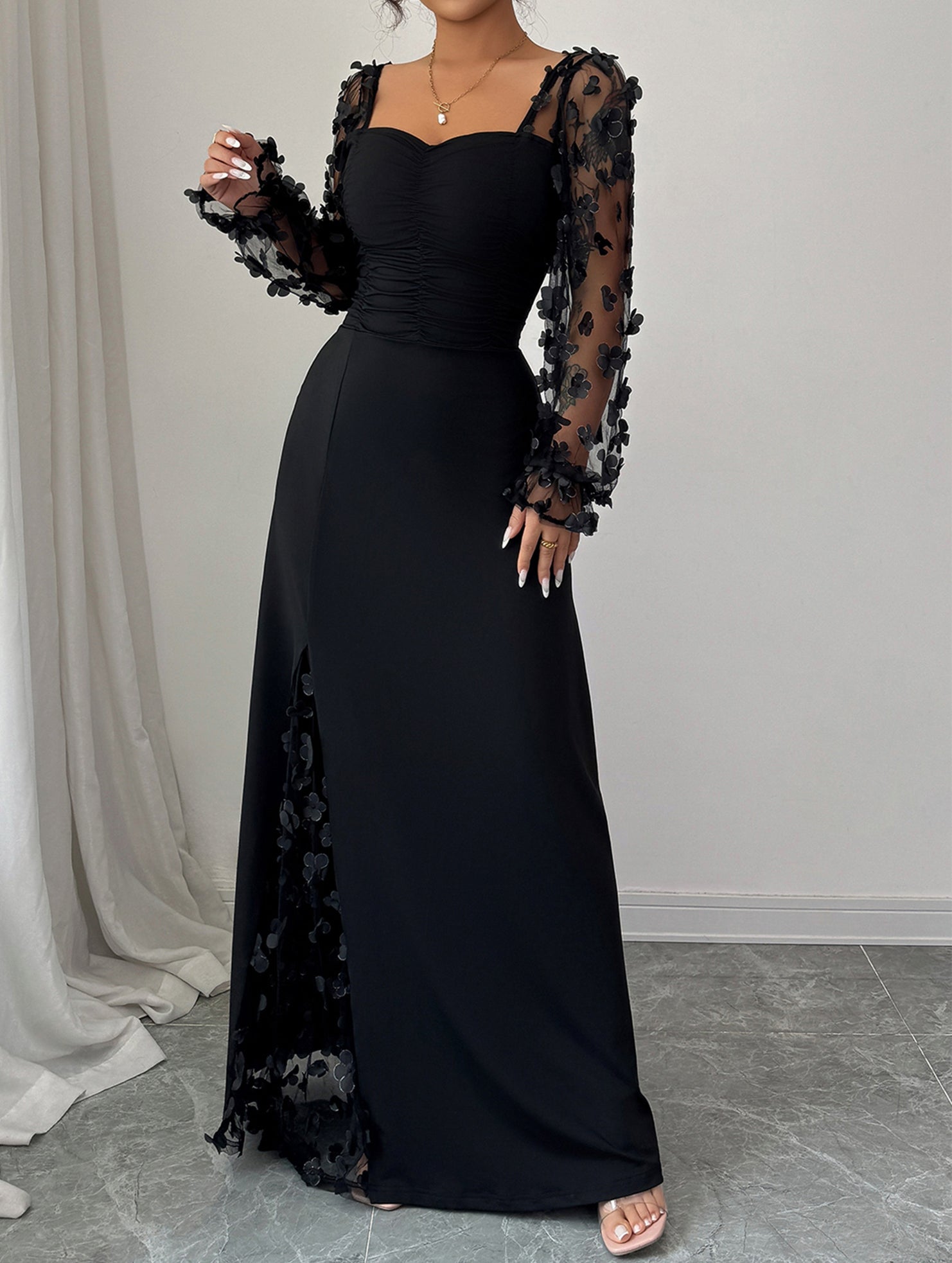 Retro-style hollowed-out long-sleeved dress